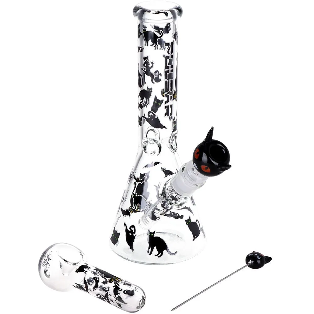 Pulsar Superstitious Kitty GLOW Glass Herb Pipe Duo - 9.75" / 14mm F