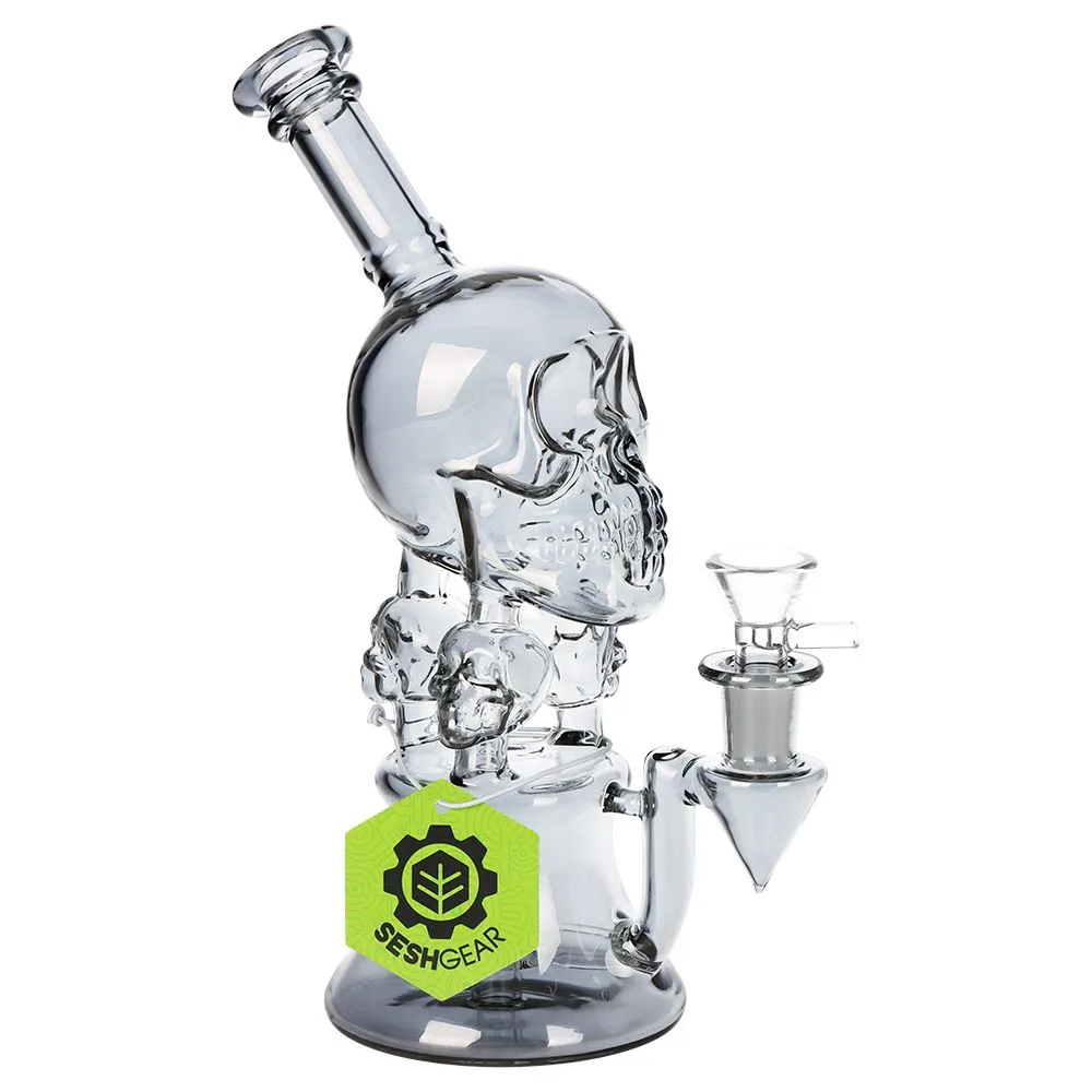 SeshGear Stacked Skulls Electroplated Glass Water Pipe - 9" / 14mm F / Smoke