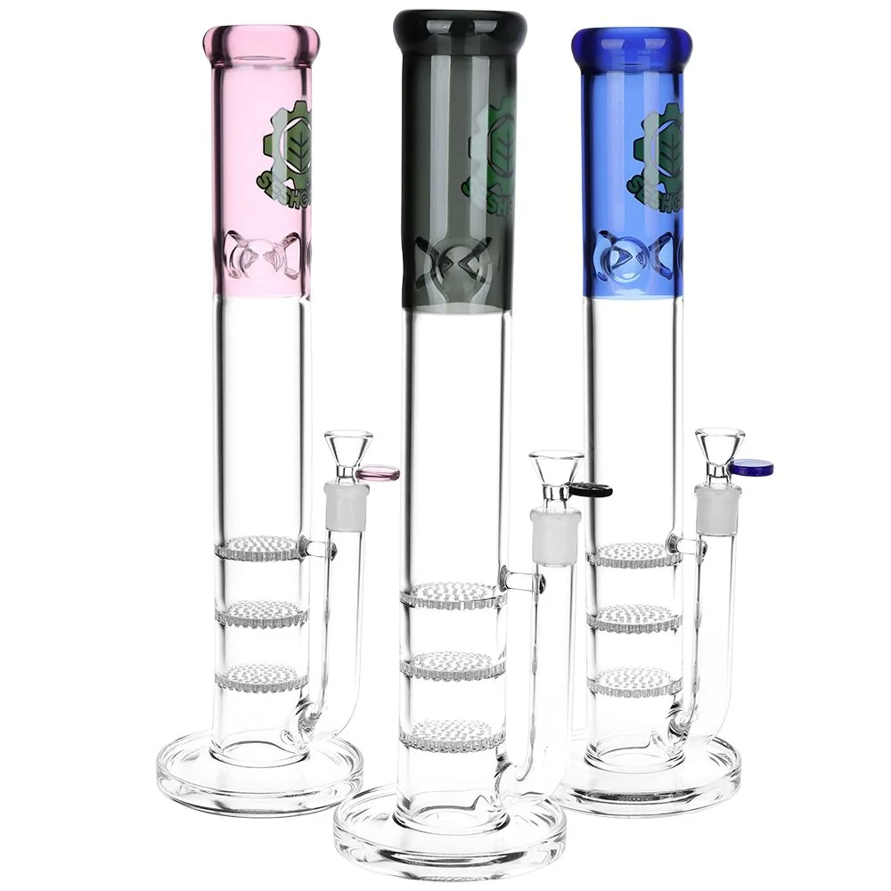 SeshGear Triple Honeycomb Perc Straight Tube Bong - 15" / 14mm F / Colors Vary